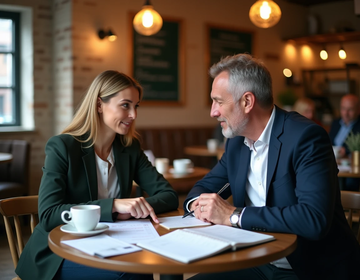 Deux enseignants discutant de l'organisation de leurs finances personnelles autour du calendrier de paye éducation nationale 2026 dans un café