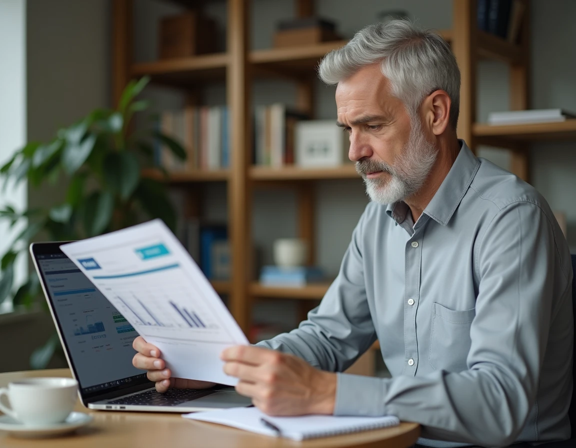 Entrepreneur analysant seul les prix et options budgétaires d'une plateforme de networking B2B depuis son bureau à domicile