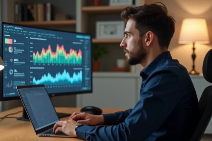 Entrepreneur masculin analysant des graphiques de revenus en ligne sur un écran d'ordinateur dans un bureau moderne