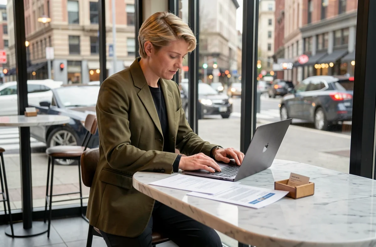 Entrepreneur indépendant analysant les conditions de cumul entre portage salarial et statut auto-entrepreneur dans un café urbain