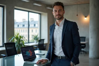 Entrepreneur français de l'intelligence artificielle dans un bureau tech parisien moderne, incarnant le nouveau visage de l'IA française