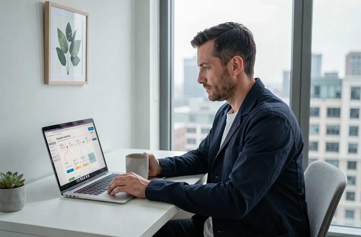Entrepreneur analysant une stratégie de positionnement de marque axée sur les valeurs consommateurs depuis un bureau moderne en ville