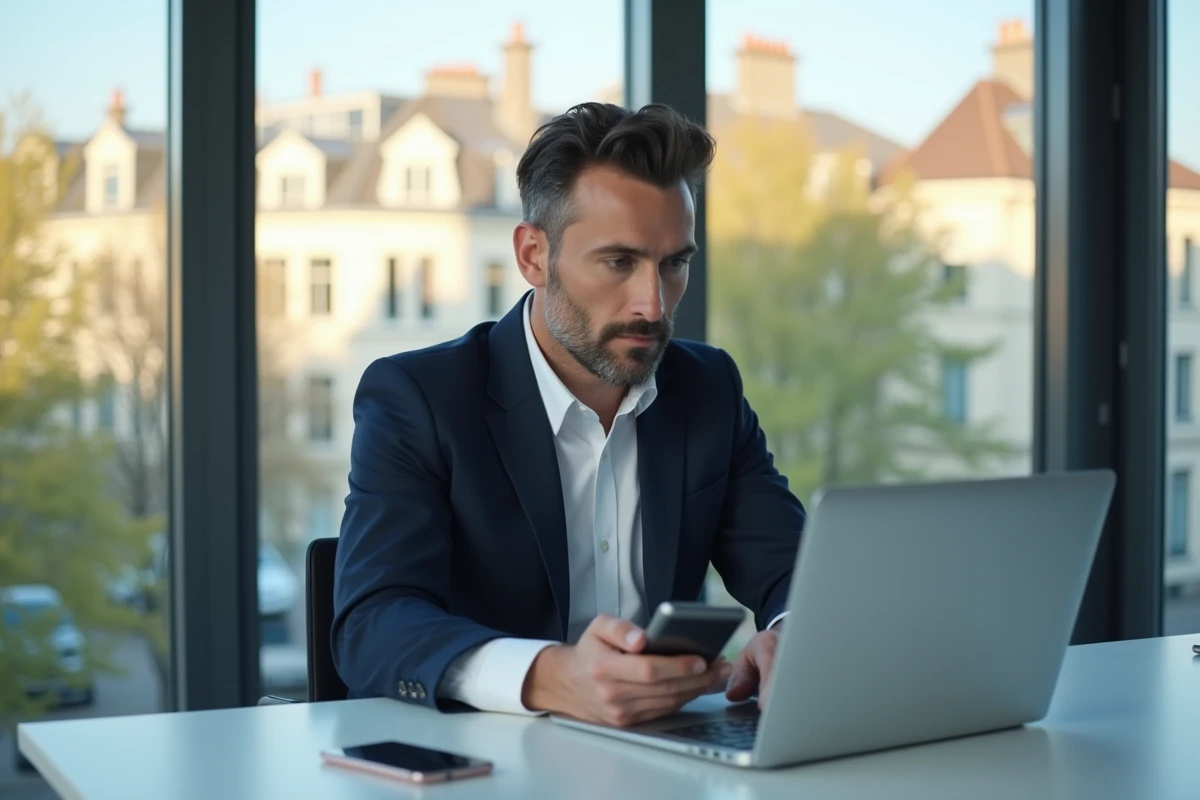 Jeune entrepreneur fran&ccedil;ais travaillant sur son ordinateur