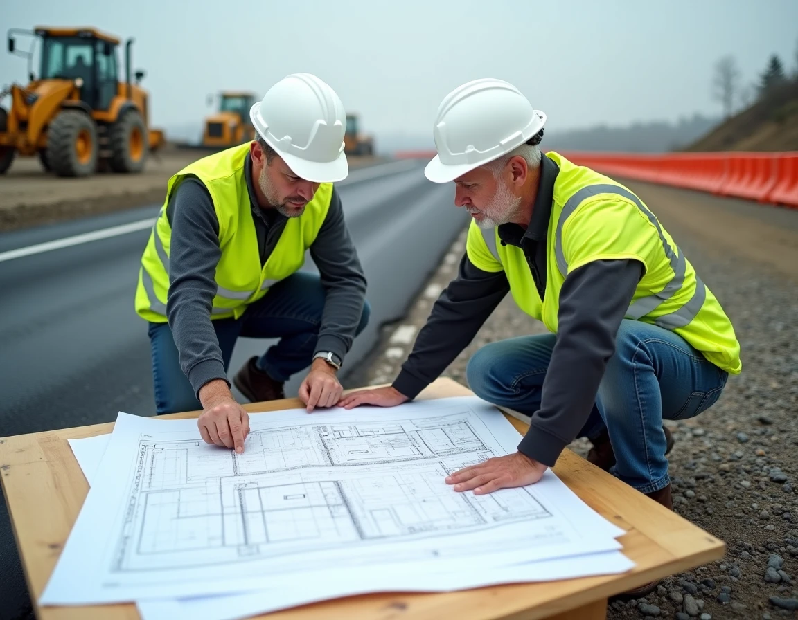 Deux ouvriers BTP de générations différentes consultant un plan technique sur un chantier routier avec engins de travaux en arrière-plan