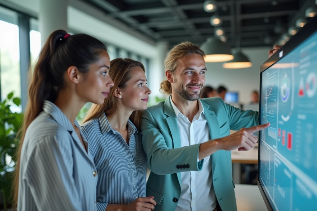 Équipe de collègues collaborant autour d'un écran d'analyse dans un espace de coworking moderne