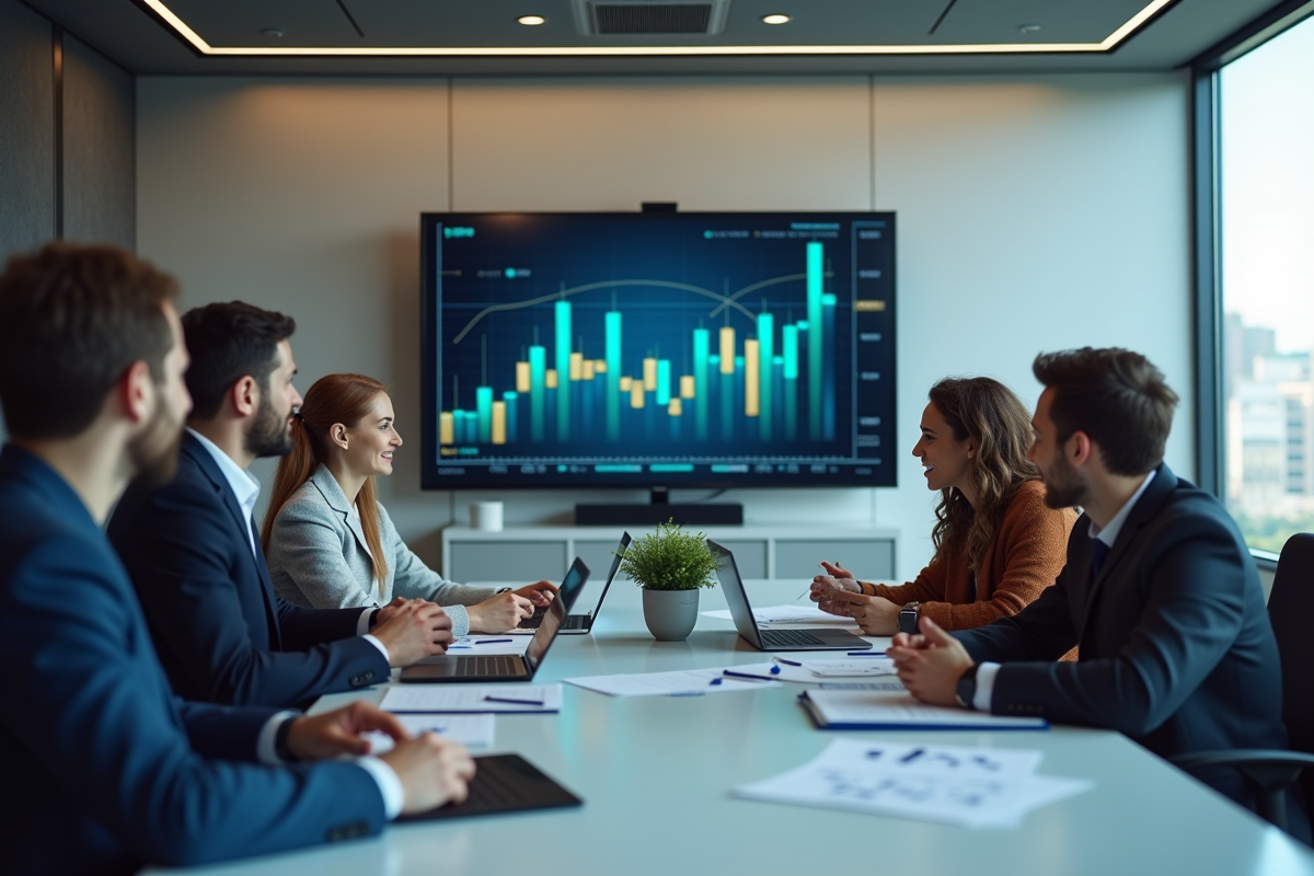 Equipe en réunion discutant de stratégies financières en groupe