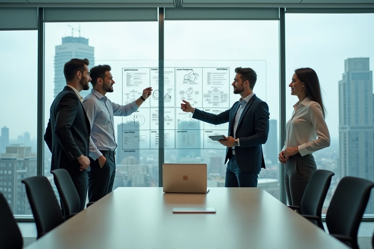 Équipe de consultants experts collaborant sur une stratégie de croissance rapide dans une salle de réunion avec vue urbaine