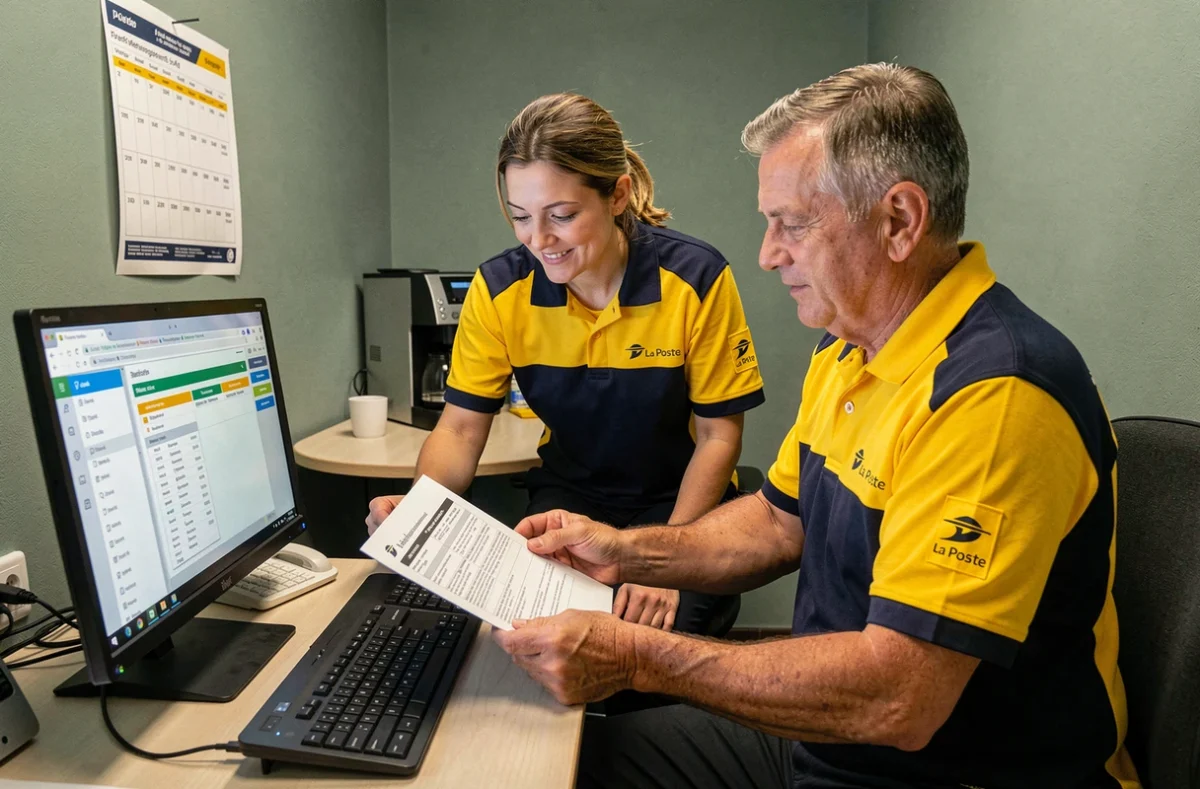 Deux employés de La Poste consultant ensemble un planning imprimé et l'interface GTA sur un ordinateur de bureau