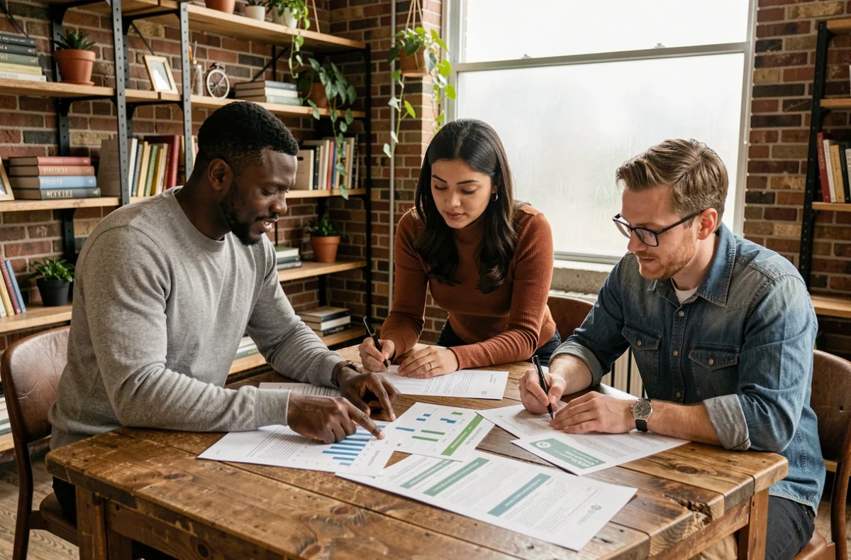 Équipe marketing multiculturelle analysant des rapports de valeurs de marque et d'impact consommateur autour d'une table en bois
