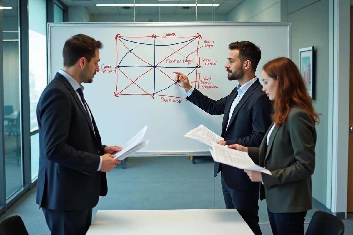Équipe de professionnels analysant des erreurs sur une matrice de risques dans une salle de réunion