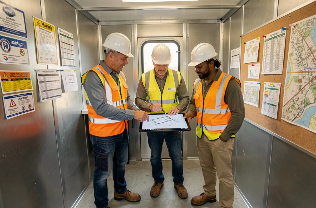 Équipe de professionnels de Munilla Construction Management collaborant autour de plans architecturaux dans un bureau de chantier