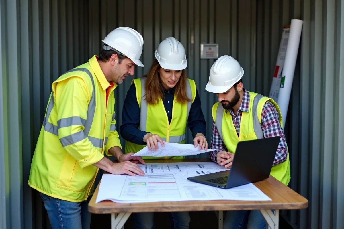 Équipe de professionnels BTP réunis autour d'un logiciel de gestion de chantier dans un bureau de chantier mobile