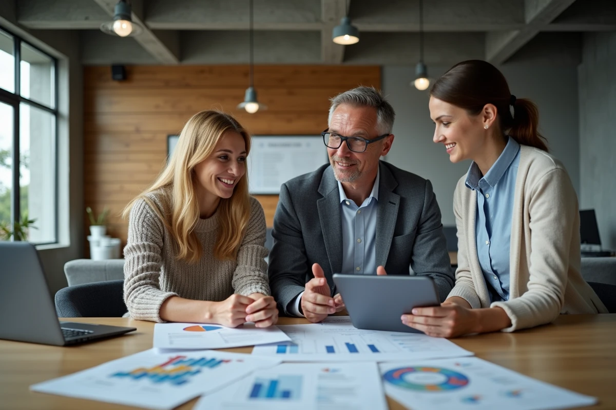 Équipe RH réunie autour d'un bureau partagé pour analyser des rapports et discuter d'une solution de gestion des ressources humaines
