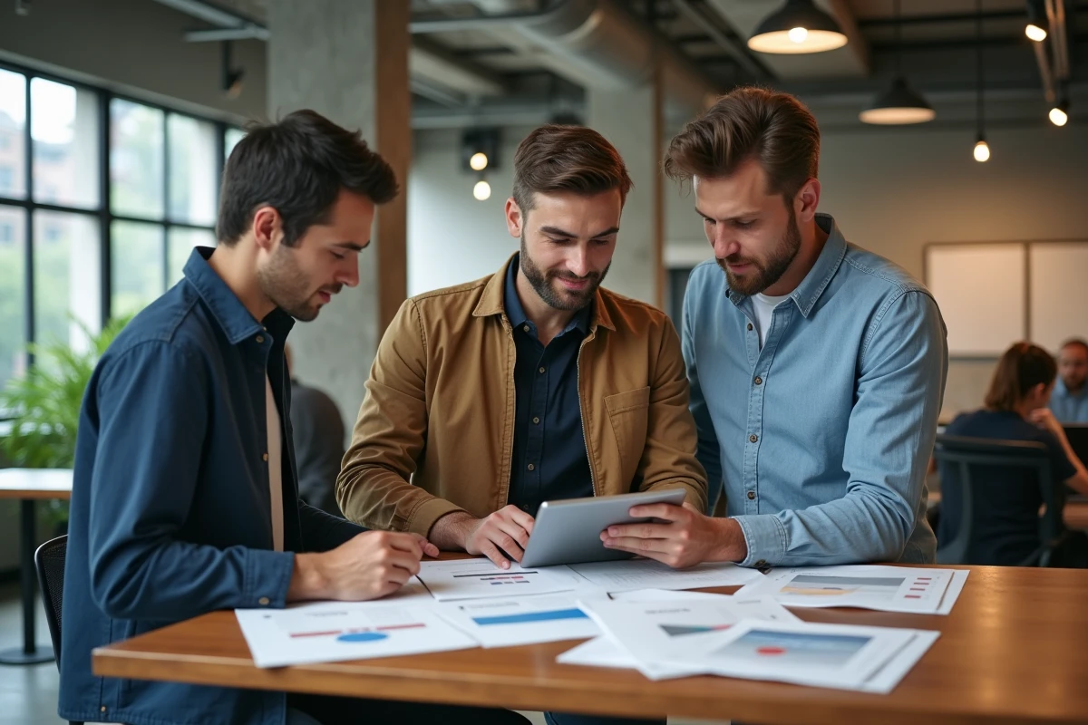 Équipe de jeunes professionnels collaborant sur des stratégies de revenus en ligne dans un espace de coworking moderne