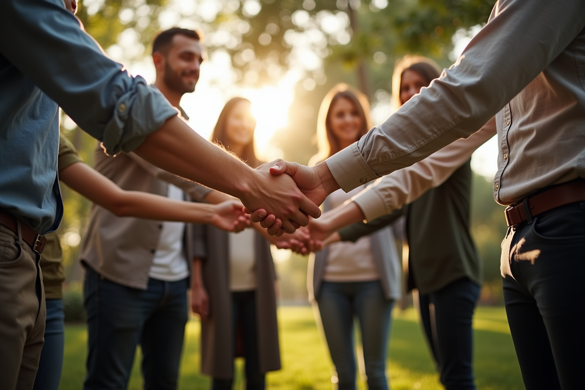 Équipe en extérieur avec mains jointes pour symboliser l