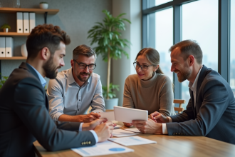 Quatre collègues en réunion autour d'une table moderne