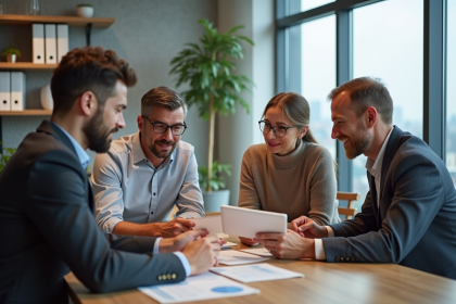Quatre collègues en réunion autour d'une table moderne