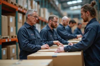 Groupe de travailleurs en entrep&ocirc;t triant des colis