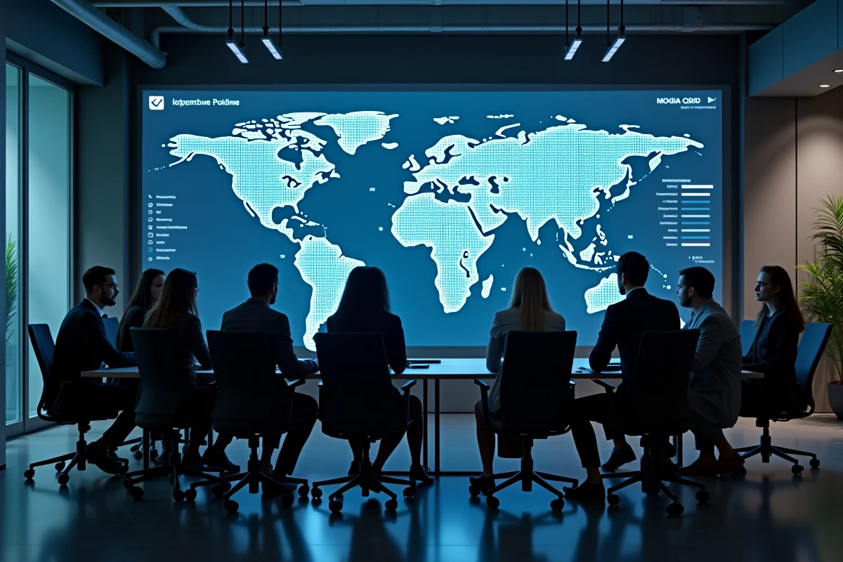 Groupe de professionnels en cybersécurité collaborant autour d une carte mondiale