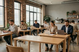 Espace de coworking moderne à Boulogne-sur-Mer avec des professionnels travaillant sur des bureaux en bois
