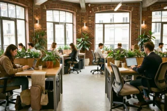 Espace de coworking moderne proche de la gare de Lyon à Paris avec des professionnels travaillant sur leurs ordinateurs