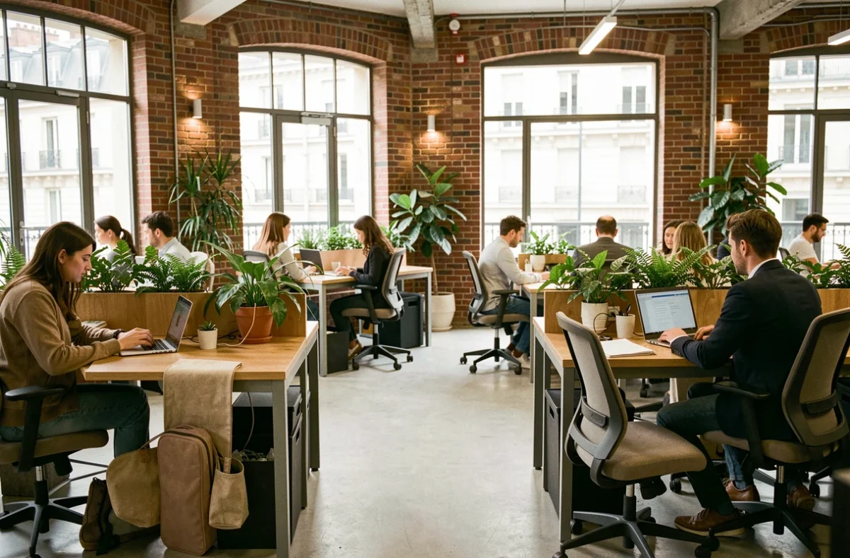 Espace de coworking moderne proche de la gare de Lyon à Paris avec des professionnels travaillant sur leurs ordinateurs