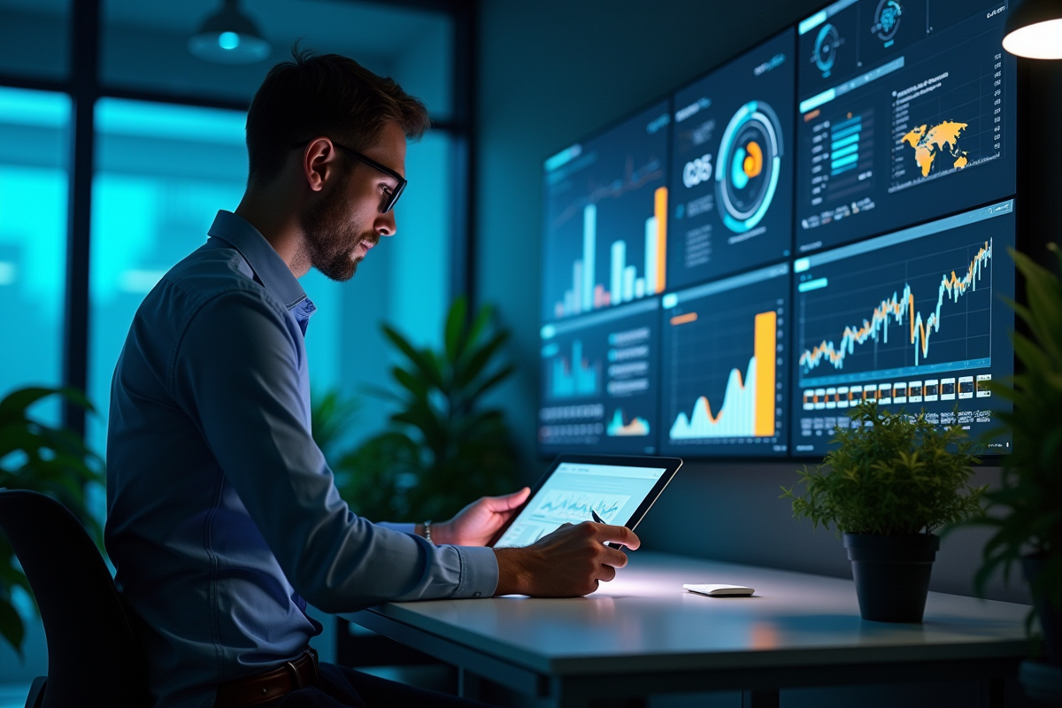 Espace de travail futuriste avec technologie avancée en 2025