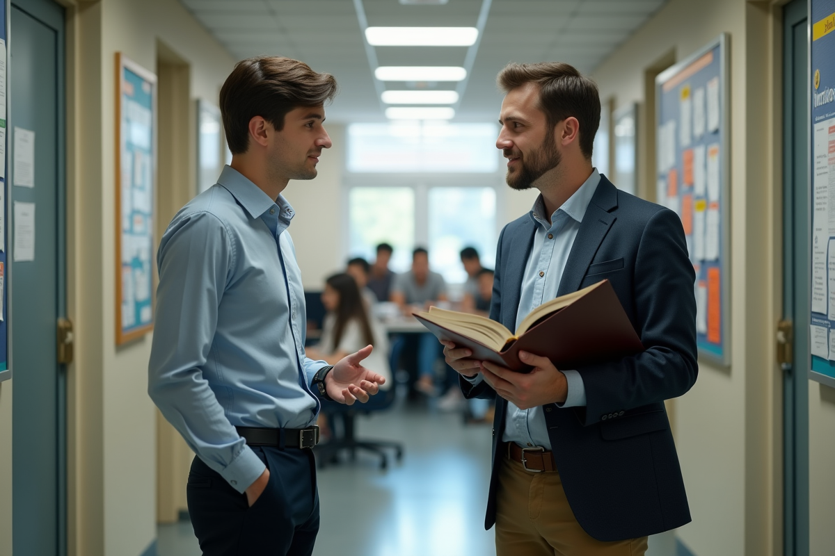 Etudiant en discussion avec un professeur dans un couloir universitaire