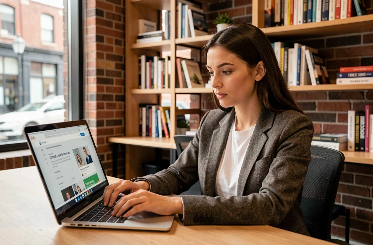 Étudiante en commerce suivant une formation en ligne sur un ordinateur portable dans un espace de coworking moderne, illustrant l'essor des écoles de commerce connectées face aux institutions traditionnelles