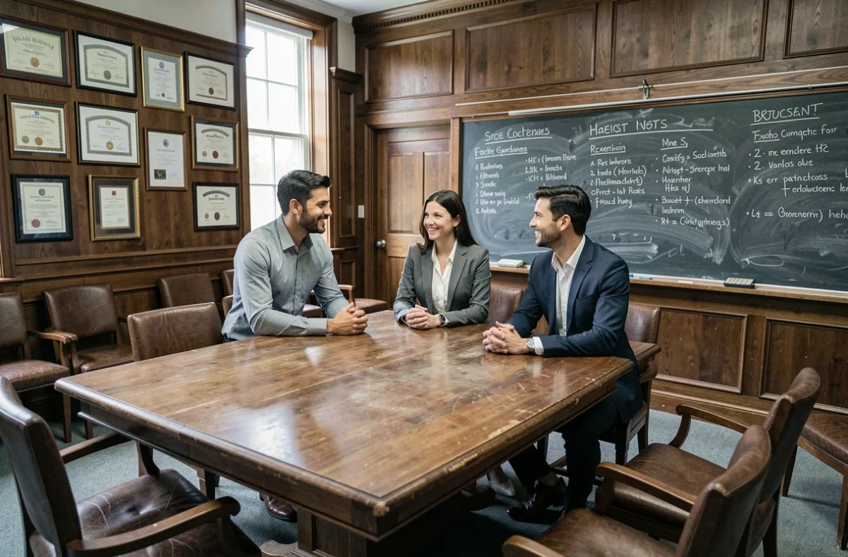 Groupe d'étudiants en école de commerce traditionnelle réunis autour d'une table dans une salle de classe formelle avec tableau noir et boiseries, symbolisant l'enseignement supérieur classique en gestion