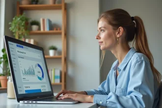 Femme évaluant les tarifs d'outils IA markeonbiz sur un ordinateur portable dans un bureau moderne