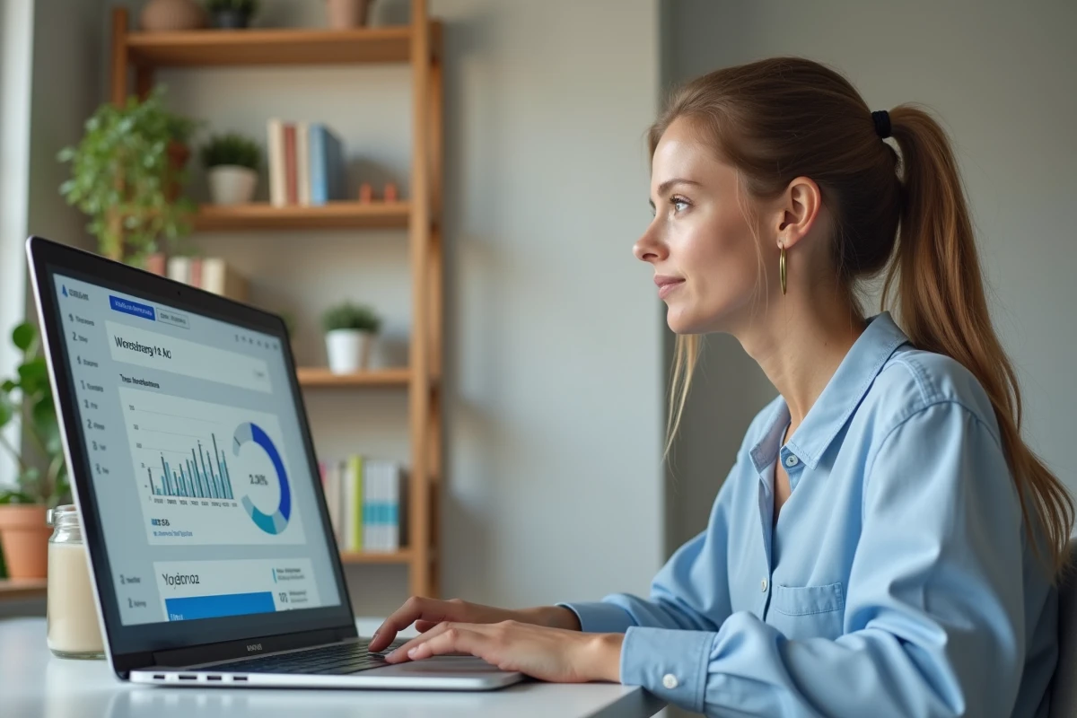 Femme évaluant les tarifs d'outils IA markeonbiz sur un ordinateur portable dans un bureau moderne