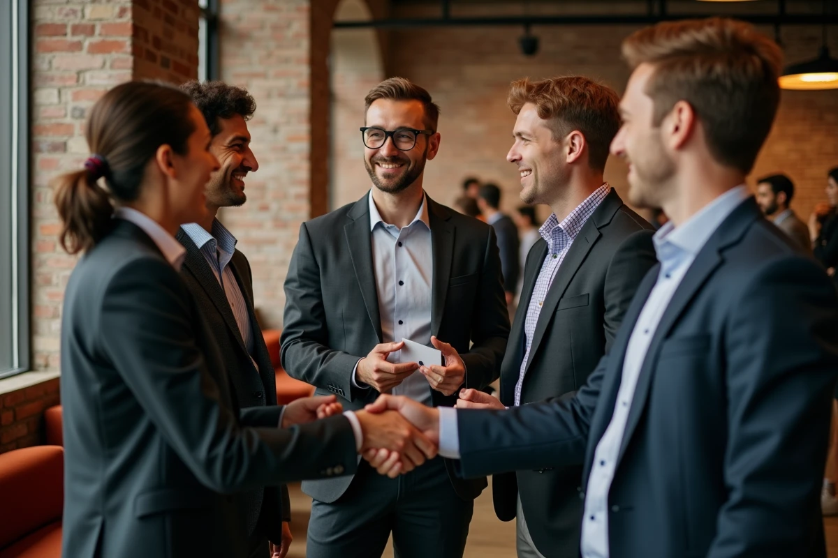Professionnels échangeant des cartes de visite lors d'un événement de networking B2B dans un espace de co-working moderne