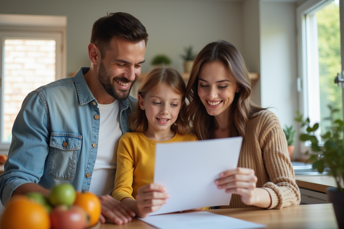 Famille dans la cuisine examinant une facture d energie