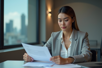 Femme d'affaires examinant un contrat dans un bureau moderne