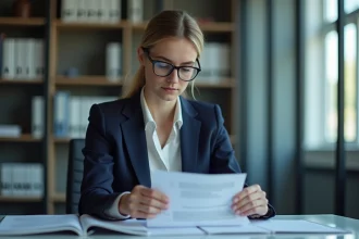 Femme d affaires examinant des documents juridiques dans un bureau moderne