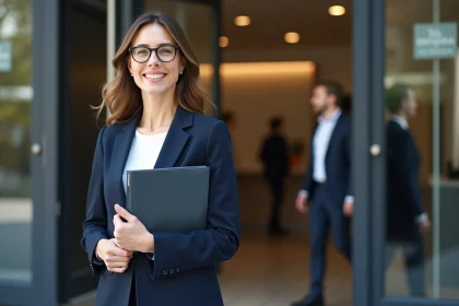 Femme d'affaires souriante devant un bureau moderne
