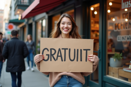 Jeune femme souriante avec affiche gratuite dans la rue