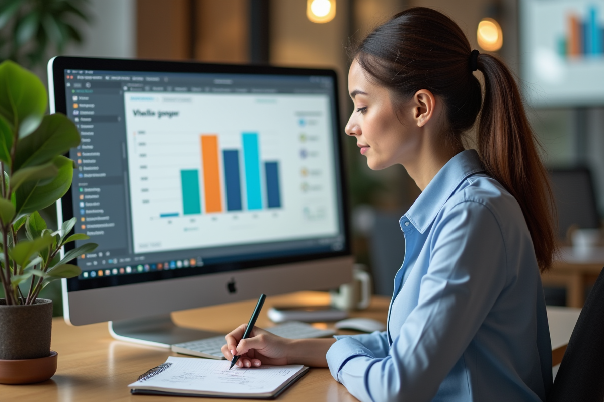 Femme en travail concentrée avec graphique stratégique