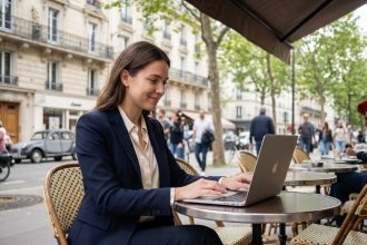 Jeune femme travaillant au café à Paris