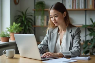Femme en blazer gris révisant une facture sur ordinateur portable dans un bureau à domicile moderne et organisé