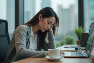 Femme au bureau en fatigue dans un espace moderne