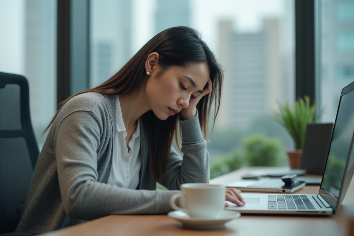 Femme au bureau en fatigue dans un espace moderne