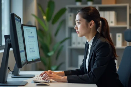 Jeune femme au bureau utilisant un système de gestion numérique