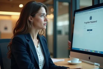 Femme en bureau regardant l'écran de mot de passe oublié