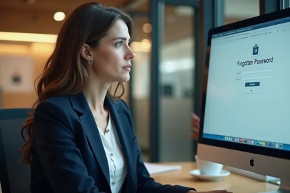 Femme en bureau regardant l'écran de mot de passe oublié
