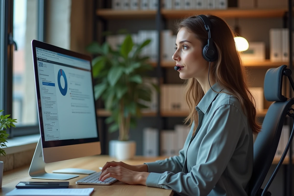 Femme au bureau avec ordinateur et casque dans un bureau moderne
