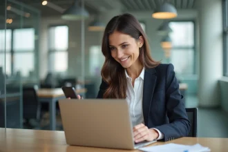 Femme d affaires au bureau avec ordinateur et smartphone