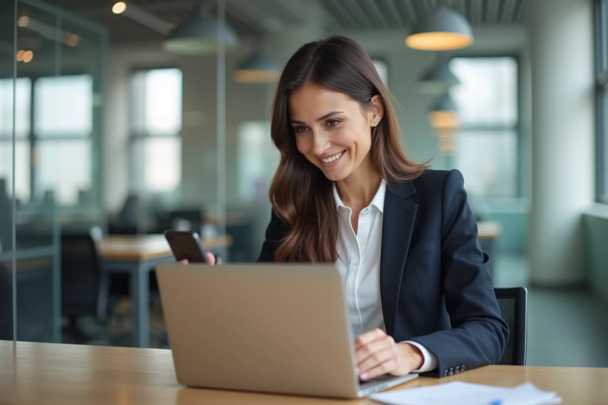 Femme d affaires au bureau avec ordinateur et smartphone