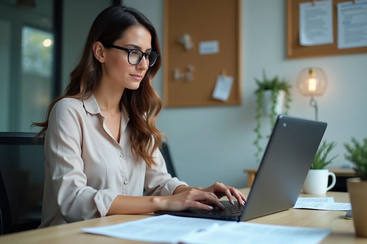 Femme au bureau travaillant sur un ordinateur portable